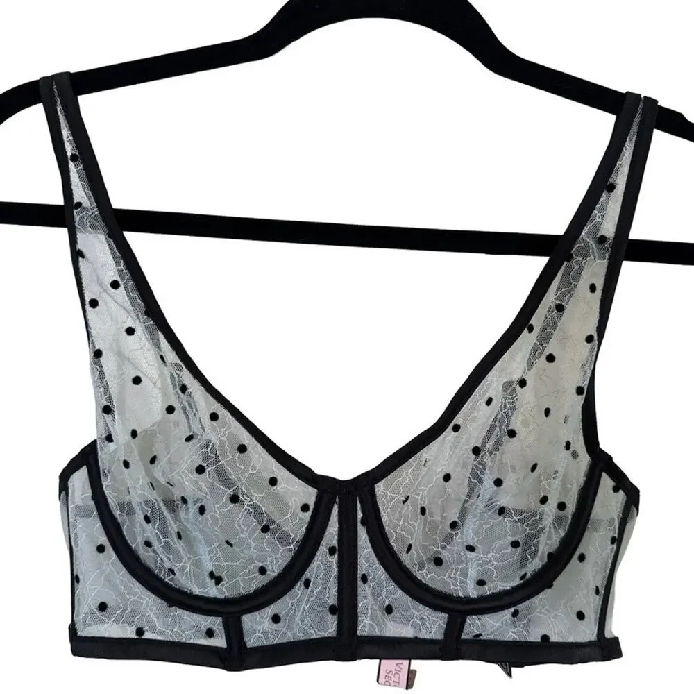 Victorias Secret Unlined Plunge Blue Black Lace Sheer Underwire Bra NWT sz 36B